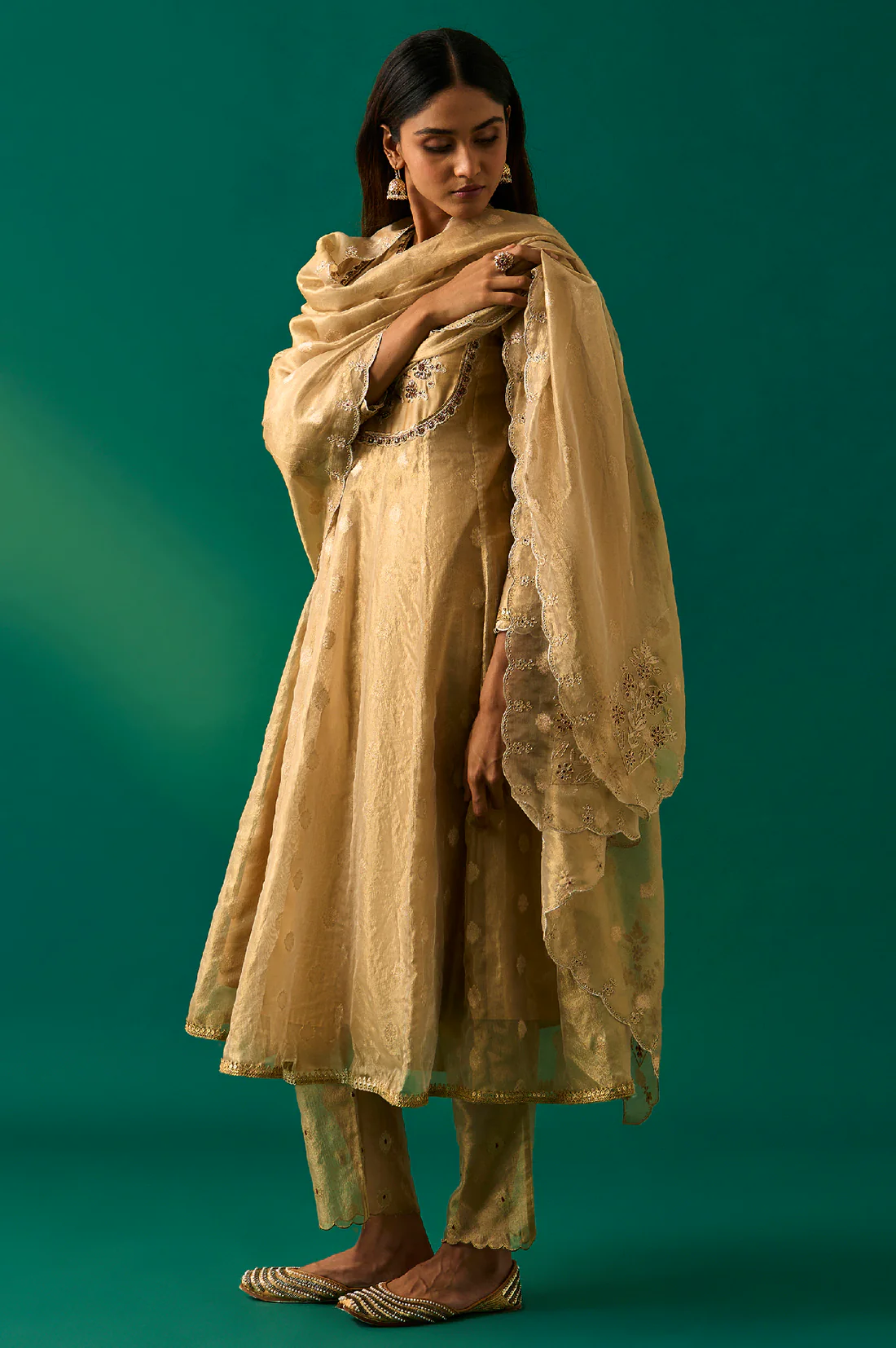 Golden Metallic Embroidered Tissue Jacquard Festive Anarkali Kurta